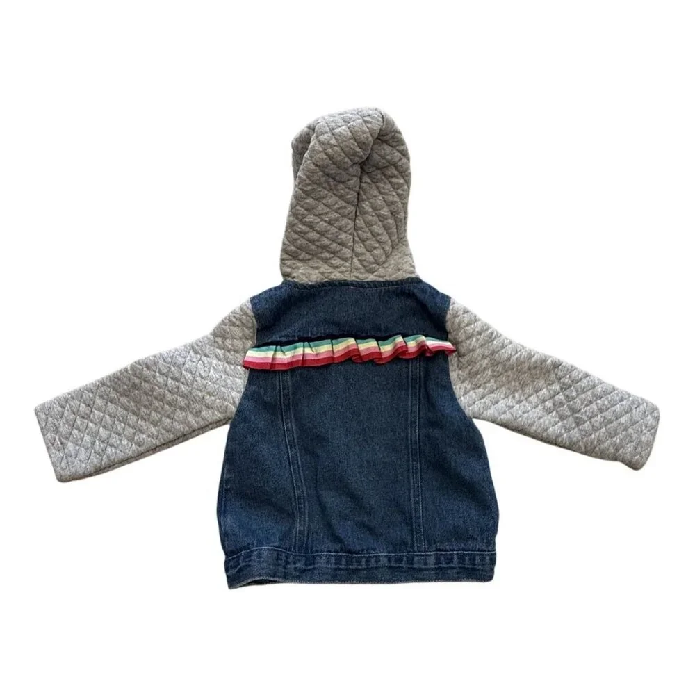 Little Lass Toddler Denim Jacket Quilted Sleeves Hood Rainbow Accents Size 24M - Picture 4 of 7